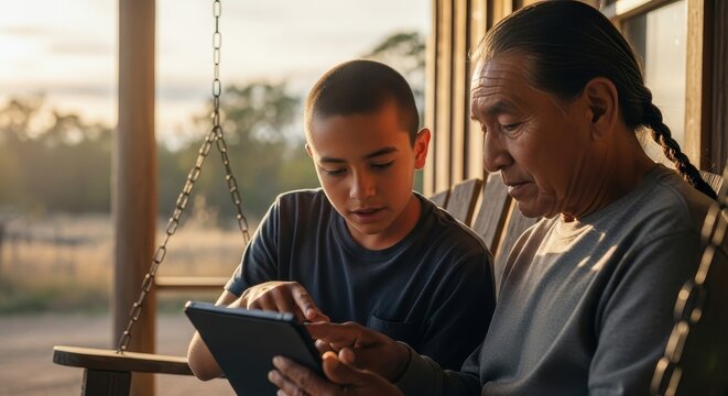 native american grandson teaches his grandfather how to use tablet on porch swing. warm, cinematic moment of intergenerational connection and family bonding.