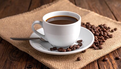 Fototapeta premium A white cup of freshly brewed black coffee on a rustic wooden table with scattered coffee beans.