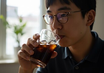 Young Asian man with glasses drinking a dark beverage indoors.