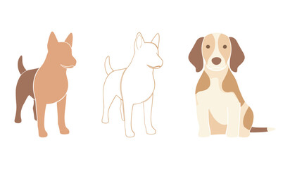 Three stylized dogs in different poses and colors on white background canine animal