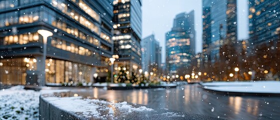 Snowflakes gently falling on a cityscape with modern buildings and glowing lights during winter evening