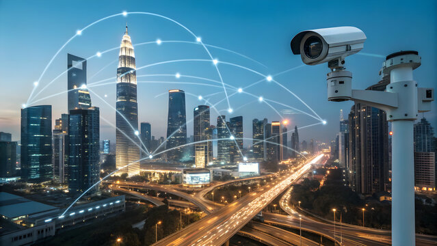  Futuristic smart city surveillance security camera network technology skyline