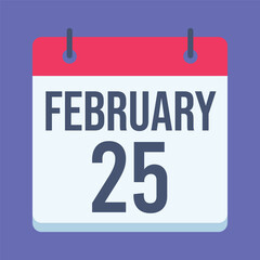 25 February Calendar. Blue Background. Isolated Vector Calendar.