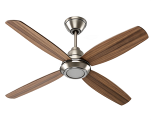 A modern ceiling fan with four wooden blades and a brushed nickel motor, isolated on transparent background