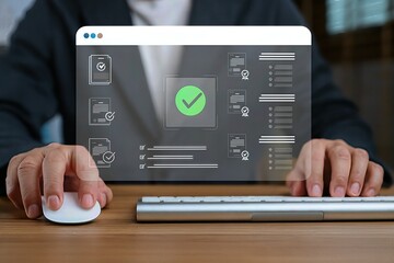 Businessman using computer with digital approval check mark and document verification icons,online certification and electronic validation process for secure business compliance workflow