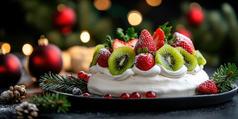 Dark plate with festive pavlova meringue topped with whipped cream, strawberries, kiwi slices and pomegranate seeds — light, crispy, homemade holiday dessert for Christmas celebration