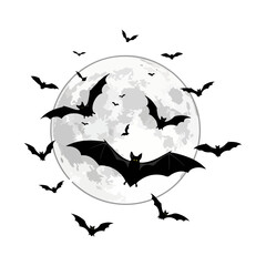 Spooky Flying Bats Vector Art Against Full Moon - Halloween Cinematic Illustration