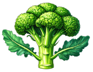 Vibrant green broccoli head with leaves