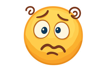 Confused emoticon face. Anxious emoji icon. Surprised and worried smiley character. Vector illustration for stress, anxiety, and confusion. Shocked expression with dizzy swirls.
