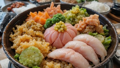 A vibrant Japanese meal set featuring ramen, sushi rolls, grilled meat with rice, fresh vegetables, and colorful side dishes, beautifully served in black bowls