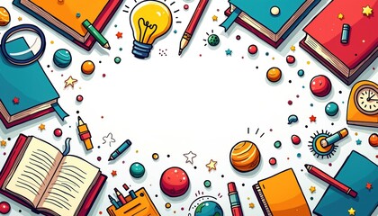 Colorful books pencils planets and school items arranged on white background. Idea lightbulb clock and globe graphic elements create playful learning theme.