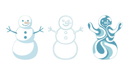 A set f three stylized snowmen in blue and white on a white background. winter snowman