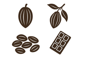 Cocoa and chocolate icon set. Vector collection of cacao pod, beans and chocolate bar. From bean to bar concept. Sweet food dessert ingredient. Natural organic sweets symbol glyph.