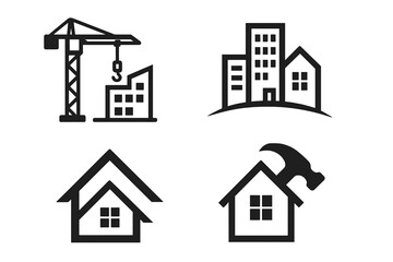 Fototapeta premium Construction and real estate vector icon set. Building logo collection with crane, city, and home renovation symbols. Property development and repair graphic design elements.