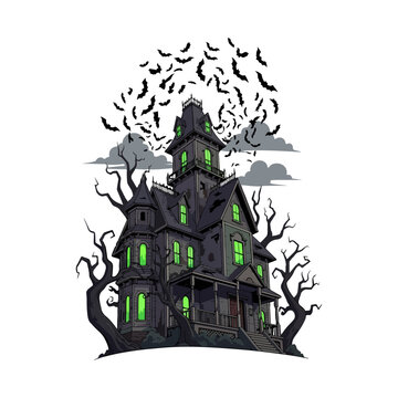Spooky Haunted House Vector Art with Glowing Windows and Bats, Cinematic Perspective, Flat Style, High Detail