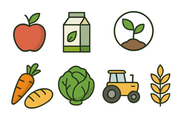 Farming and organic food vector icon set. Agriculture, harvest, and healthy lifestyle symbols. Features tractor, sprout, apple, carrot, cabbage, wheat, bread, and milk pack.