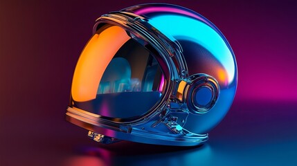 A futuristic astronaut helmet sits illuminated on a dark surface with vibrant pink and blue lighting.