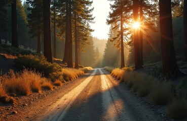 Dirt road goes through autumn forest. Sun shines between trees. Travel adventure through woodland area. Golden hour with sun rays. Environment with green nature landscape. Scenic sunlight view.