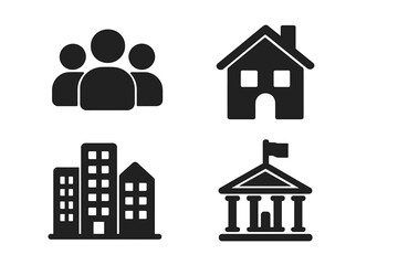 City icon set. Municipal government, real estate, and community symbols. Vector collection for urban life, civic services, housing, and population graphics. Simple flat design.