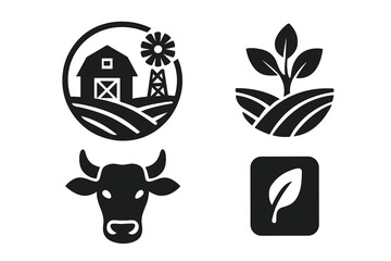 Agriculture and farming vector icon set. Organic food, natural product symbols. Ranch barn, cow head, plant sprout, and leaf glyphs. Eco friendly farm logo collection.