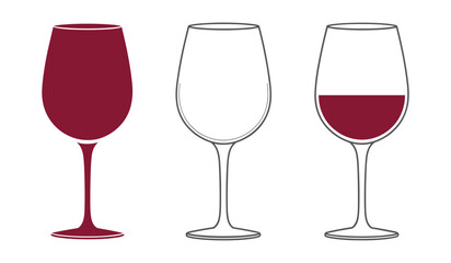 Three wine glasses one full of red wine one empty one half full empty glass half full glass