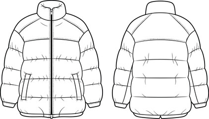 Winter puffer jacket fashion template front and back view, padded coat outerwear design vector illustration, clothing mockup for apparel branding and tailoring