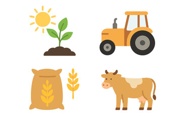 Set of agriculture and farming icons. Vector collection with farm symbols. Tractor, cow, livestock, plant sprout, sun, wheat grain sack. Organic food and animal breeding concept.