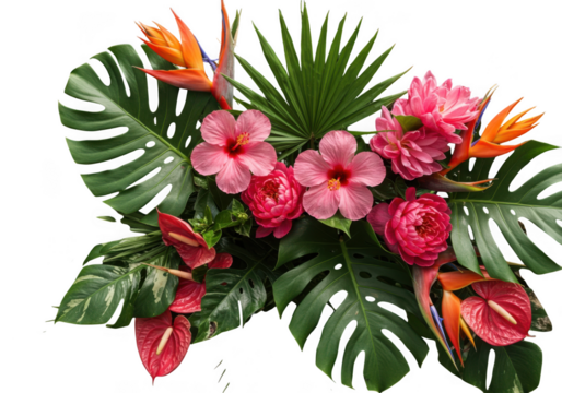 Vibrant tropical flower arrangement featuring exotic blooms and lush greenery detailed close-up transparent background
