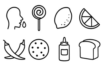 Taste and flavor icon set. Vector line art of sweet, sour, spicy food. Includes lollipop, lemon, chili pepper, cookie, bread, and sauce. Salivating man drooling concept.