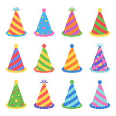 Colorful party hat set. Vector illustration of festive cone hats in flat style for birthday, celebration, event design.