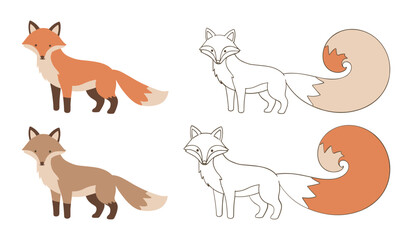 Two cartoon foxes one colored orange and brown the other brown with outline versions animal illustration