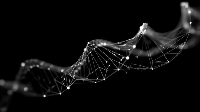 Abstract 3D DNA helix made of glowing white dots and connecting lines on black background, symbolizing digital genetics, data science, and biotechnology
