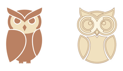 Two stylized owls in brown and beige flat design bird birds