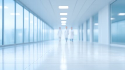 Obraz premium Blurred View of Medical Professionals Walking in Modern Healthcare Facility Corridor with Bright Ambient Light