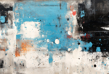 El trazo pictórico revela energía contenida: color, caos y emoción en movimiento abstracto.Pintura abstracta con trazos horizontales, salpicaduras blancas, textura rugosa, colores azul, negro, naranja