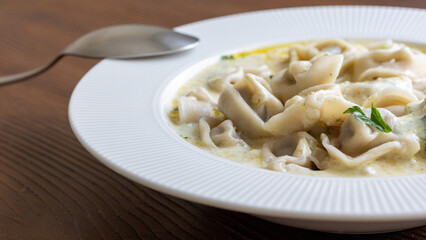 Close-Up of Shish Barak on a White Plate Traditional Lebanese Dish
