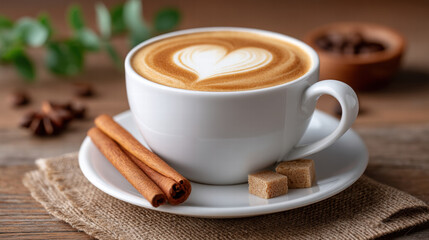 Obraz premium Heart shaped swirl in coffee art in cup with cinnamon and sugar cubes on rustic table