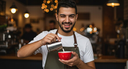 Man smiling while pouring milk into red cup at coffee shop  