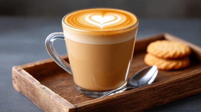 Heart shaped coffee swirl in cup creates warm inviting scene with cookies and spoon on wooden tray