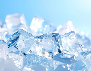 Obraz premium Pile of Crystal Clear Ice Cubes Under Soft Blue Light Background