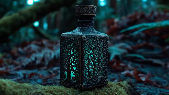 Mysterious ornate bottle glowing with magical blue-green light in a dark enchanted forest. Fantasy elixir vial on mossy ground, mystical woodland scene.