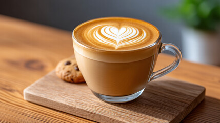 Heart swirl pattern in coffee cup creates warm inviting scene with latte art on wooden table and cookie nearby