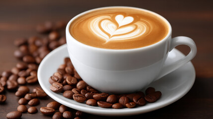 Latte with heart swirl art in mug surrounded by coffee bean on wooden table in warm natural light