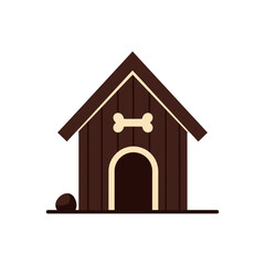 Illustration of a brown dog house with a bone above the door.