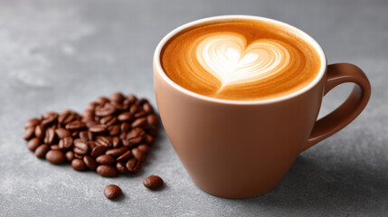 Latte with heart swirl art in mug creates warm inviting scene with coffee beans shaped as heart nearby