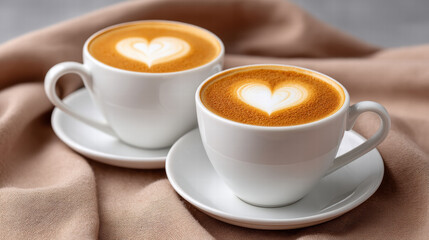Latte heart swirl art in mug creates warm inviting scene with creamy coffee on soft fabric background