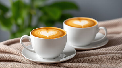 Latte art with heart swirl in mug creates warm inviting scene on cozy textured surface