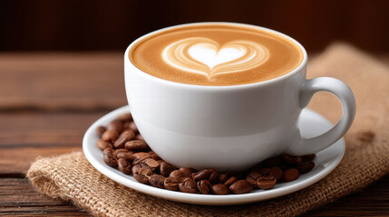 Latte with heart swirl art in mug sits on burlap with coffee bean around, creating warm inviting mood