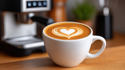 Latte with heart swirl art in mug sits on wooden table in cozy cafe setting with warm lighting