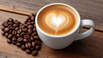 Latte heart swirl art in mug with creamy texture and coffee beans on rustic wood background